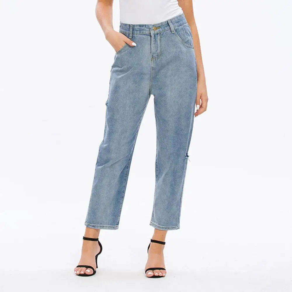

Fashion High Waist Wide Leg Jeans Womens Button Pocket Broke Hole Jeans Casual Denim Wide Leg Pants Women Trousers #15