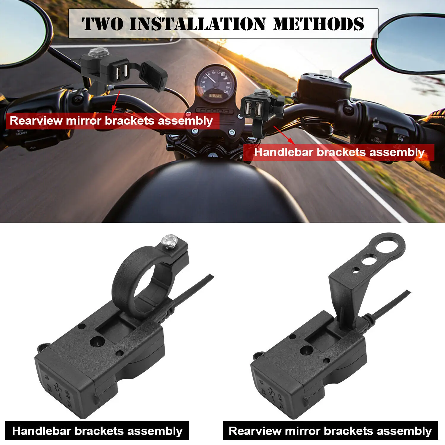 Водонепроницаемое зарядное устройство на руль мотоцикла с двумя USB-портами 5 В 1