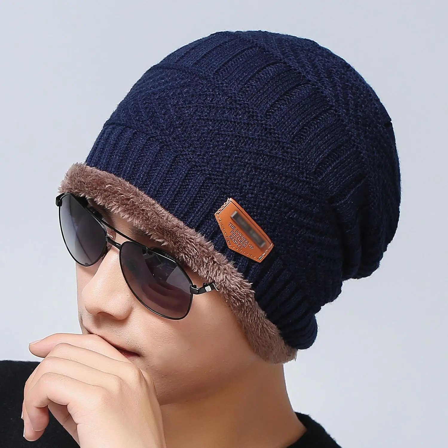 Navy hat 1pcs Зимняя вязаная шапка, шарф, набор, Мужская однотонная теплая шапка, шарфы, мужские зимние уличные аксессуары, шапки, шарф, 2 штуки - Цвет: Navy hat 1pcs