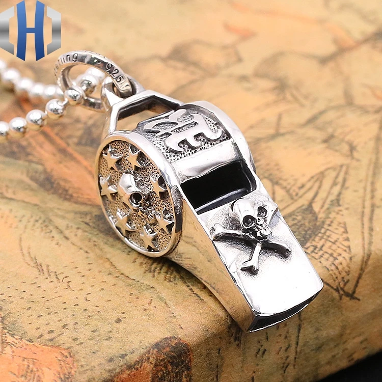 

S925 Sterling Silver Jewelry Retro Thai Silver Men And Women Models Japan And South Korea Fashion Pirate Skull Whistle Pendant