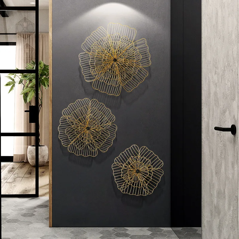

Modern Luxury Wrought Iron Wall Hanging Gold Flower Crafts Decoration Home Background Wall Sticker Porch Metal Mural Accessories