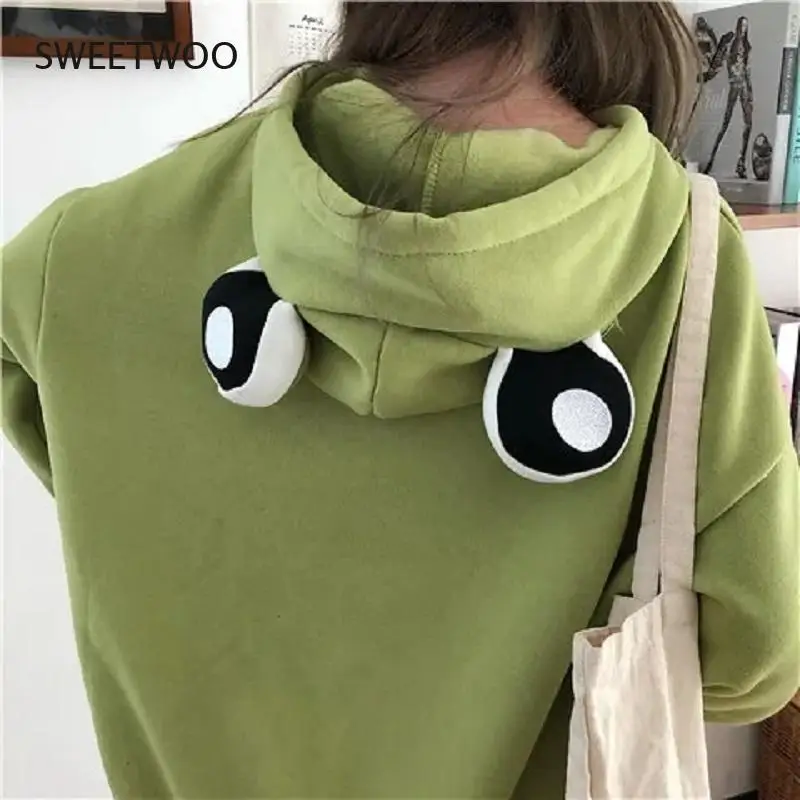 Harajuku Frog Hoodie Women Funny Animal Sweatshirt Kawaii Long Sleeve Pullover 2021 Fashion Cute Embroidery Tops Casual