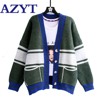 

AZYT Autumn Knit Women's Sweater Cardigan 2020 New Stripe Panelled V Neck Knitwear Sweater Coat Loose Pocket Cardigan Mujer