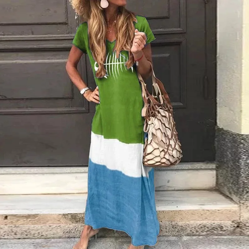 ELSVIOS, женское лоскутное пляжное длинное платье, градиентный цвет, макси платье, элегантное, с принтом в виде сердца, с v-образным вырезом, с коротким рукавом, летнее платье, 5XL - Цвет: 07 Green