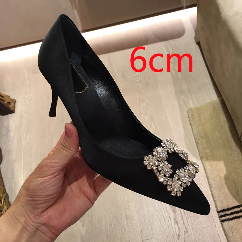 6cm black Люксовый бренд высокая обувь на каблуке женские туфли-лодочки на высоком каблуке с модные классические Стразы с квадратной пряжкой; Свадебная обувь с украшением женские туфли-лодочки mujer - Цвет: 6cm black