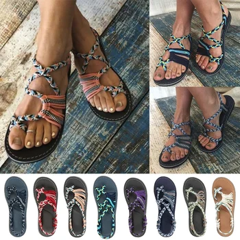 

2020 Roman Summer Sandals Explosion Color Matching Rope Knot Beach Toe Sandals Women Plus Size 35-43
