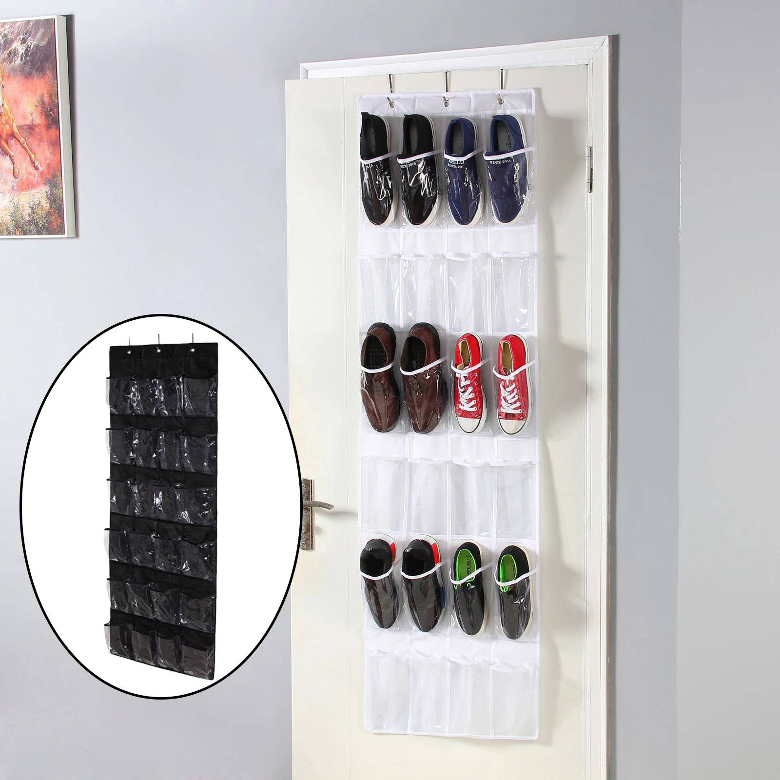 Over the Door Hanging Shoe Rack Organizer for Closet Door,Zapateras Storage  Holder with 24 Large Pockets,Black 