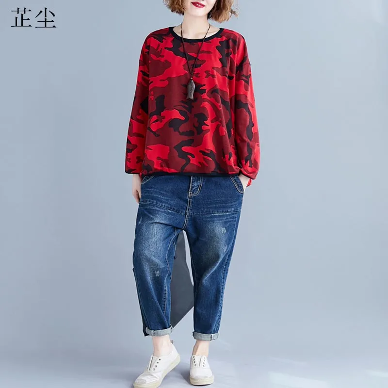 

2019 Autumn Big Size Loose Sweatshirt Women Plus Size Cotton Hoodie Vintage Camouflage Hoodies Sweatshirts Sudadera Mujer 5XL