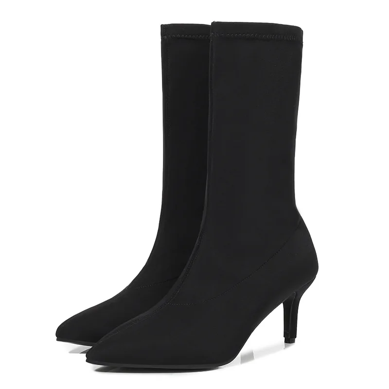 

Women Kitten Heel Socks Boots Sexy Ladies Pointed Toe Party Boots Solid Winter Mid Calf Boots Female Thin High Heels Booties D20