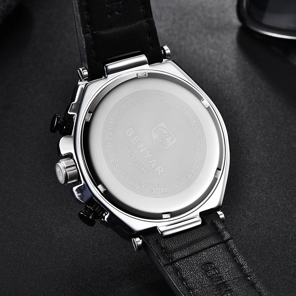 BENYAR Топ люксовый бренд часы мужские аналоговый хронограф кварцевые Кожаный ремешок наручные часы Авто Дата