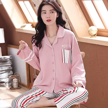 

Cotton Long-sleeved Long Trousers Women Pajamas Set for Spring and Summer Autumn Comfortable Cardigan Tops 100% Cotton Pajamas