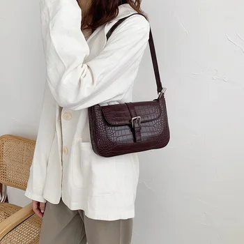 

Vintage Bag Women Brown Leather Handbag Female Small Crocodile Printed Hobo Handbags Designer Retro Women Bags