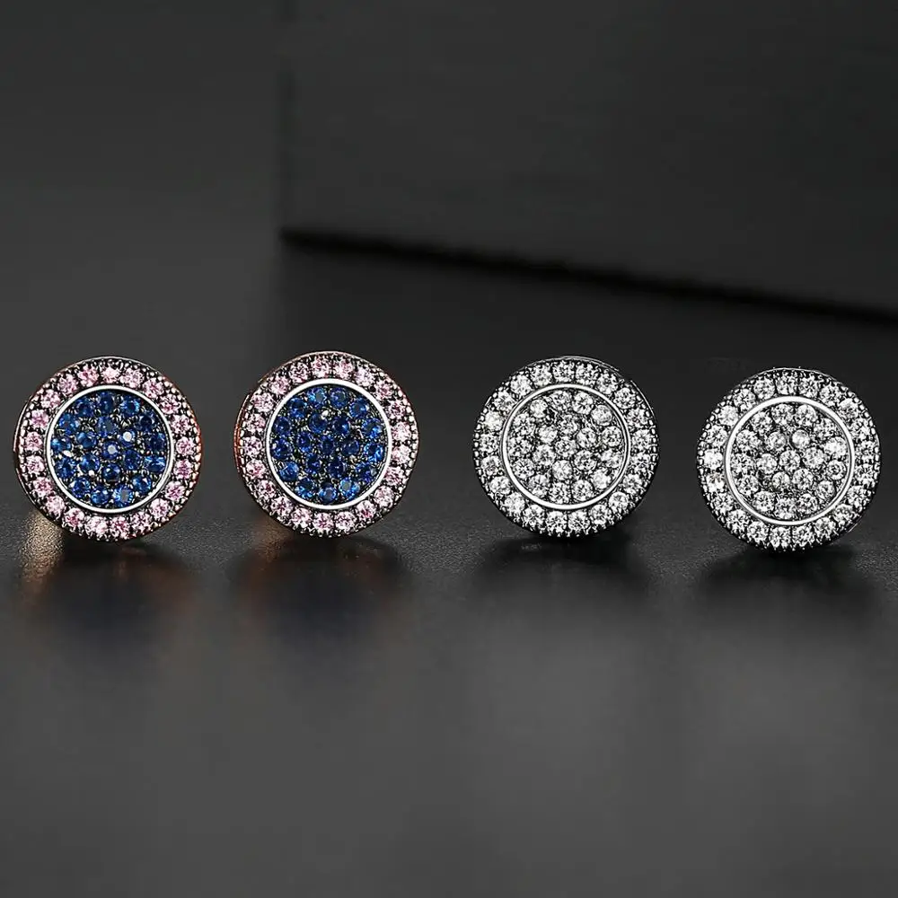 JINSE Punk Blue Cubic Zirconia Men's Stud Earrings Round Geometric Multicolor Charm CZ Stone Iced Earrings Hip Hop Jewelry Gift
