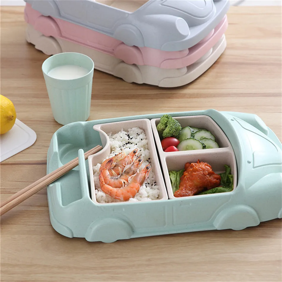 Creative Cartoon Car Plate Baby Dishes Set Bamboo Fiber Plate+Cup Sub-grid Bowl Children's Gift Tableware Set Feeding Dishes
