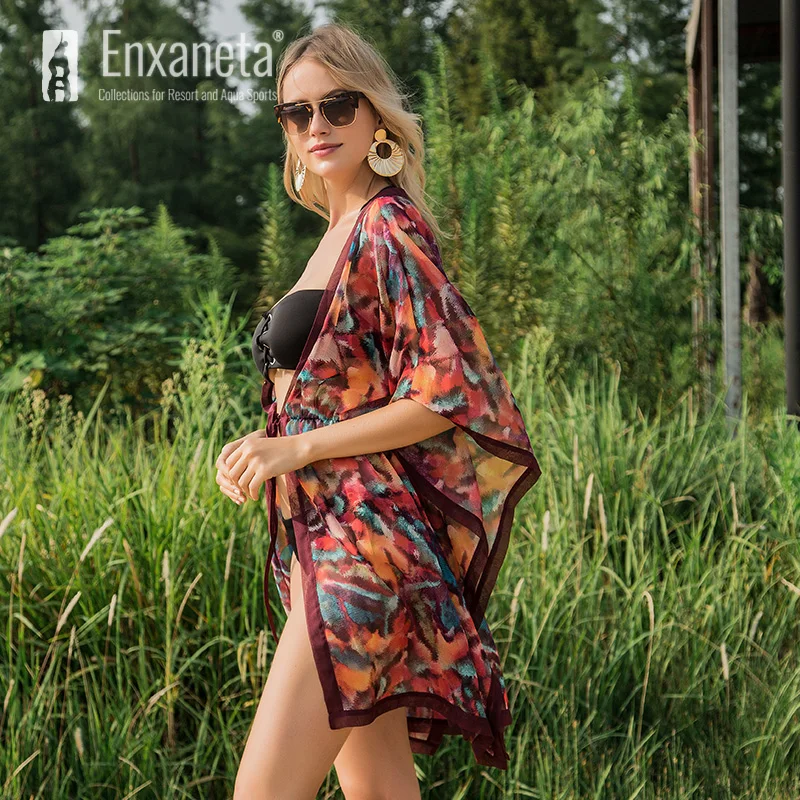 

2019 Women Chiffon Beach Cover Ups Printing Long Sleeve Beach Dress Cover Up Sarong Swimwear Bikini Cardigans Beach Wear Praia