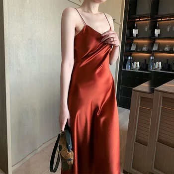 

High-end satin fishtail triacetate condole sexy dress in silk slip dress in the summer of new easing of French women