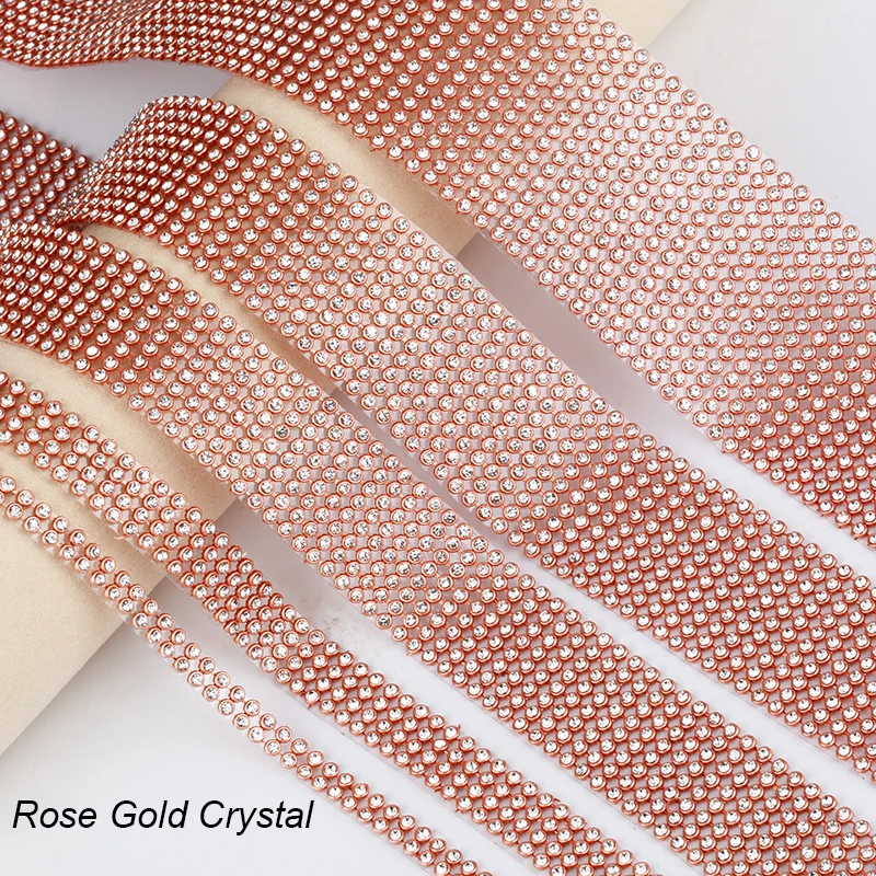 20rows Rose Gold Rhinestone Ribbon Trim Hotfix Rose Gold Base Crystal Rhinestone Tape Trim Diamond Wrap Iron On Dresses Crafts