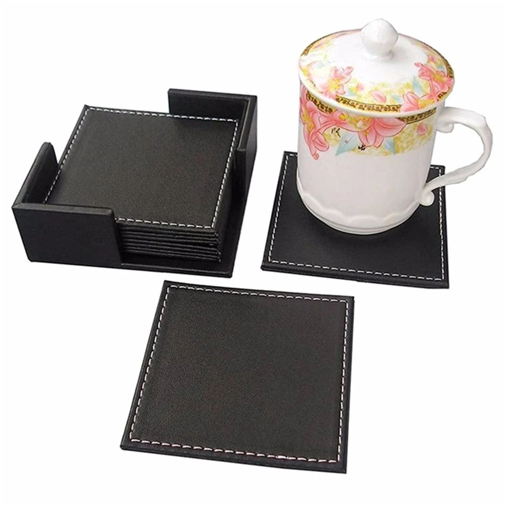 6 X Round Square Leather Desk Coaster Placemat Tea Coffee Cup Mats Pad Holder 