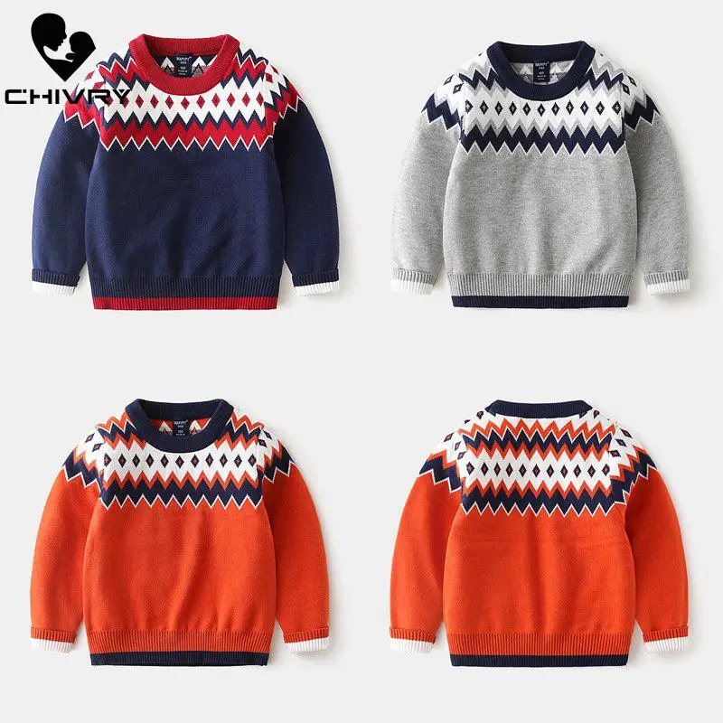

Kids Children Pullover Sweater Autumn Winter Boys Girls Wave Patchwork Pattern O-neck Knitted Sweaters Tops Clothing for 2-7T