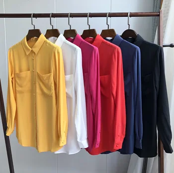 

Sand Washed Silk Crepe Shirt Simple Double Pocket Elegant Clasp Silk Shirt