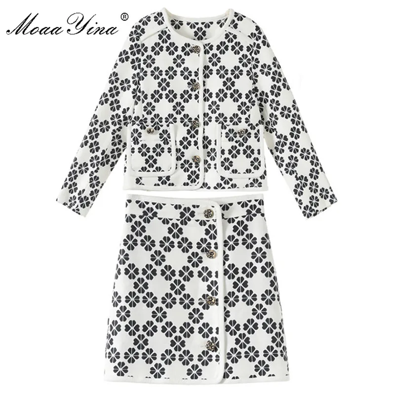 

MoaaYina Fashion Designer Set Spring Autumn Women Short jacket Tops+Short skirt Print Two-piece suit