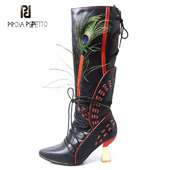 

Prova Perfetto newest peacock feather decor knee high boots women pointed toe strange heel winter boots back cross tied hollow