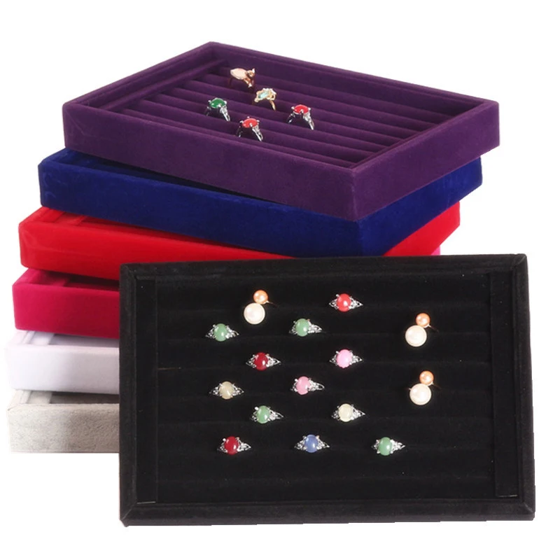 New Velvet Tray Show Case Box Organizer Holder Storage Display Earring Ring Necklace Jewelry Showcase Wholesale 2021 velvet couple double ring box earrings box jewelry case storage gift box jewelry counter display new 2021