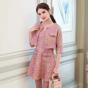 

Autumn Winter Women 2 Piece Set 2019 Runway Tweed Single breasted Pink Short Jacket Coat + Tank V Neck Mini Dress Skirt Suits