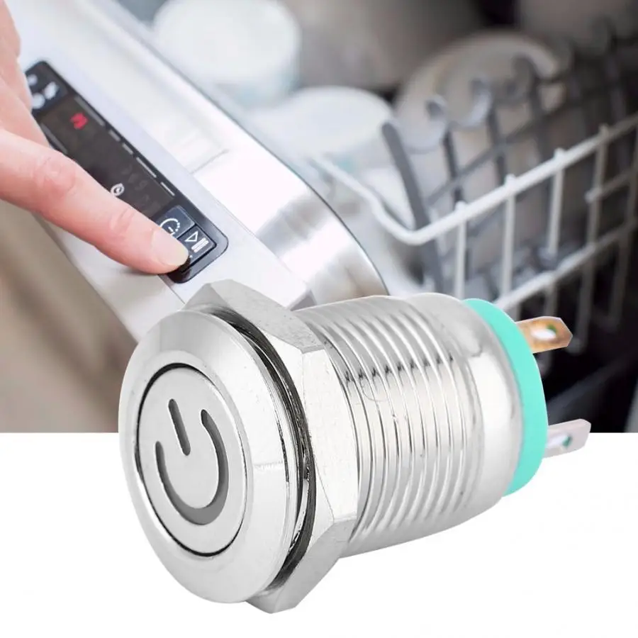 

12mm Metal Push Button Switch Green LED Light Flat Head Self-Reset with Green LED Light Power Symbol For Car Auto Engine