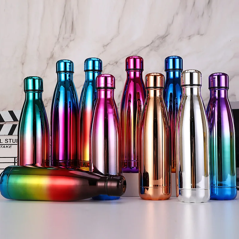 

New Style Thermal Transfer Gas Technicolor Electroplated UV Spacious Stainless Steel Coke Bottle Insulated Cup Gift