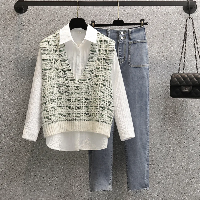 Женский Повседневный офисный костюм-тройка размера плюс осенняя блузка с