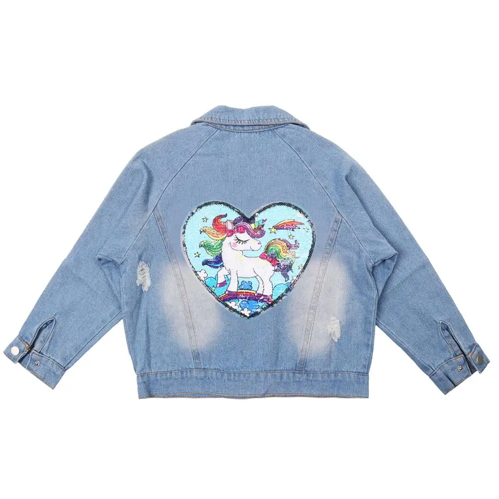 

2019 Unicorn Denim Jacket Fashion Sequin Jacket for Girls Autumn Wearing Jacket Toddler Girls Outwearing Coat