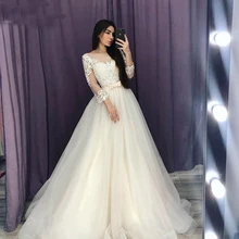 Тюль Кружева Аппликации Совок с длинным рукавом свадебное платье длиной до пола ТРАПЕЦИЕВИДНОЕ свадебное платье на заказ Vestidos De Novia