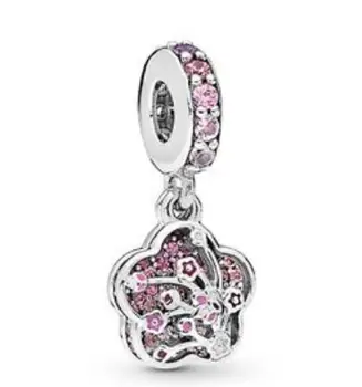 

Genuine 925 Sterling Silver Bead Pave Peach Blossom Flower Charm Fit Pandora Women Bracelet & Necklace Diy Jewelry