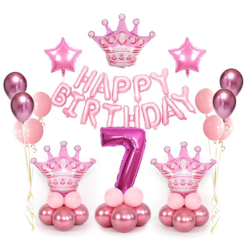 M PK crown set(7) Happy Birthday Foil Balloon Birthday Crown Number Balloons Boy/Girl Helium Balloon Baby Shower Party Festival anniversary Decor - Цвет: M PK crown set(7)