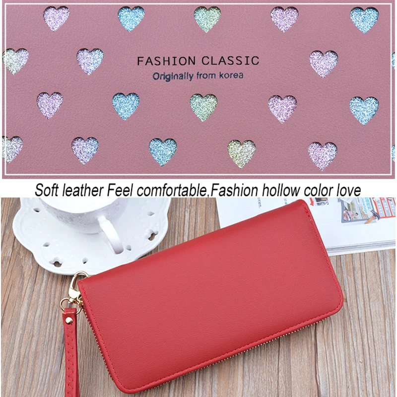 Korean New Wallet Women's Long Zipper Large Capacity Mobile Phone Bag Card Package Coin Purse Wild Love Color Hollow Clutch