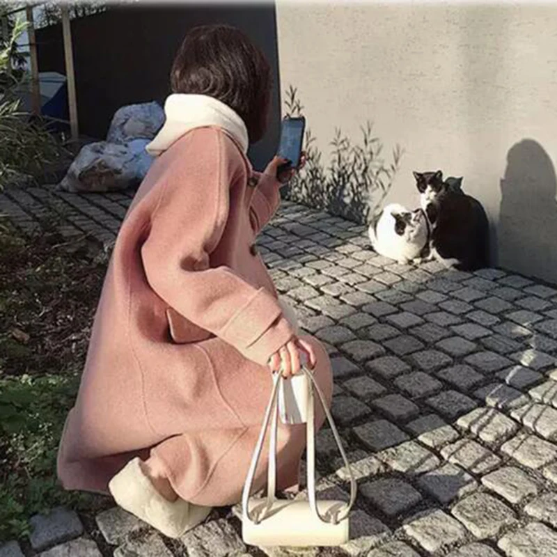 Шерстяное женское розовое милое элегантное женское длинное зимнее пальто, теплое высококачественное повседневное корейское стильное модное пальто в стиле Харадзюку