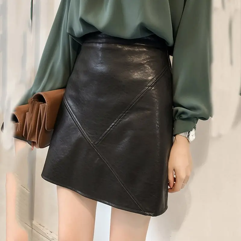 

Autumn 2019 New Women Street Wear PU Skirts Gothic A-Line Office Lady High Fashion Skirts Casual Elegant Female Bottom