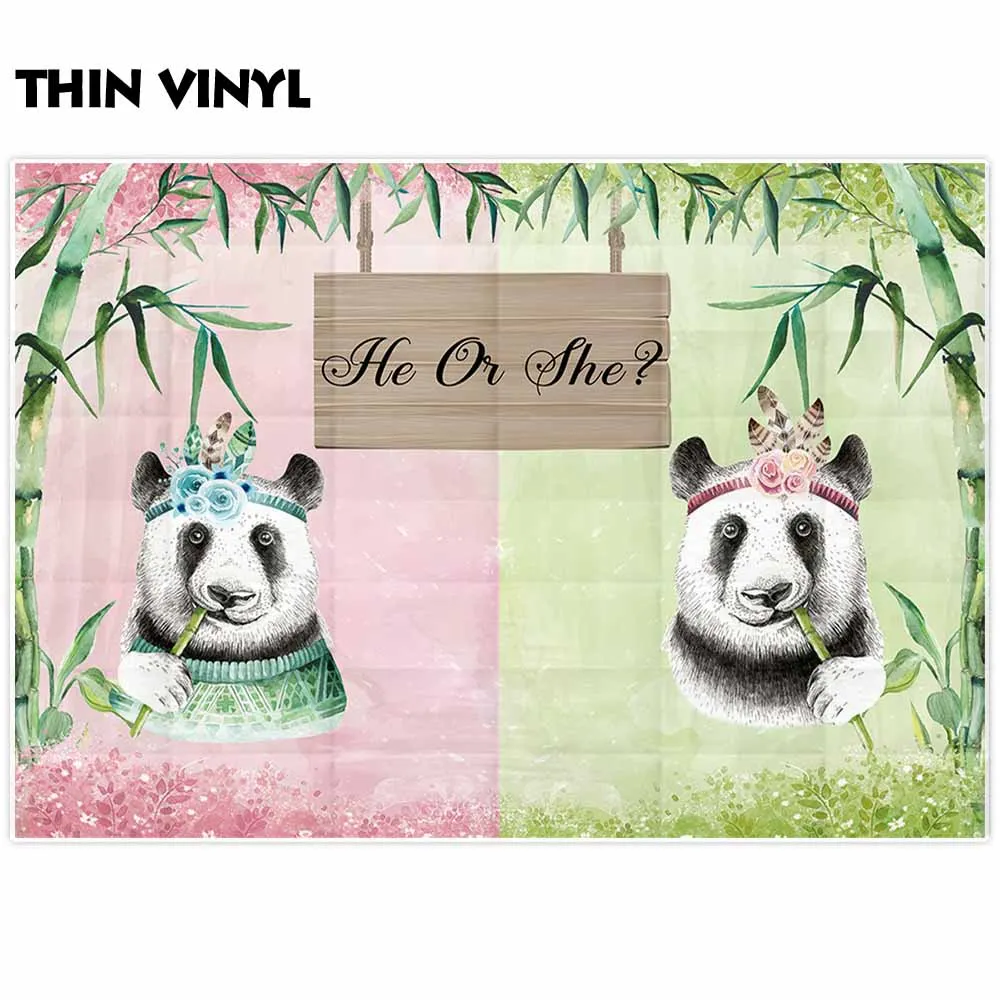Allenjoy Boy Or Girl Backdrop Cloth Bamboo Plant Flowers Feather Panda Pink Green Gender Reveal Photobooth Newborn Party Decor