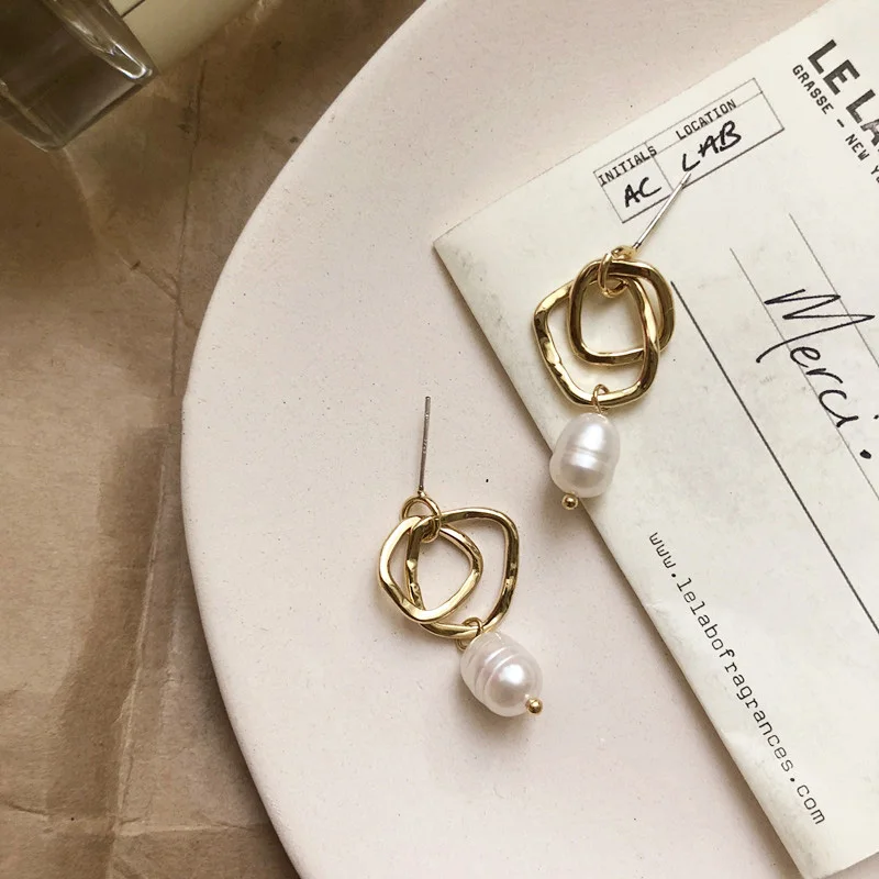 INKDEW Korea Design Metal Gold Drop Earrings Baroque Irregular Circle Square Natural Freshwater Pearl Earrings for Women Girls - Окраска металла: 4
