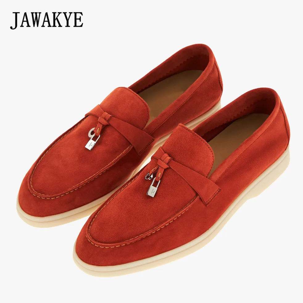 

New Suede Flat Shoes Woman Round toe Slip On Women Loafers Metal lock decorate nude Flat mules Casual Shoes Summer walk shoes
