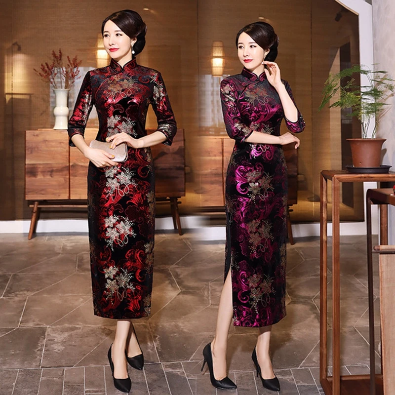 Красное вино XL осень зима Повседневный cheongsam золото бархат длинный раздел cheongsam банкет семь точек рукава cheongsam Мать платье