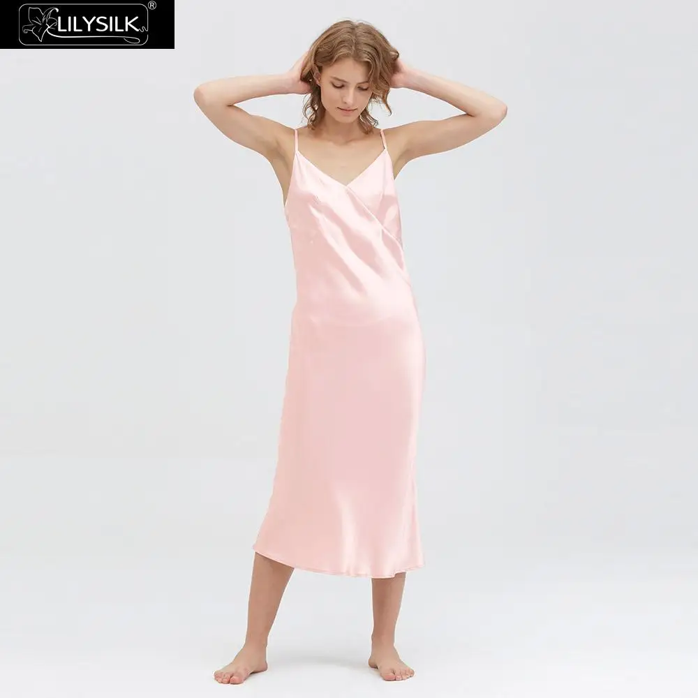 Light Pink LilySilk шелковая ночная рубашка 22 Momme V шеи длинная Роскошная натуральная женская одежда новая - Цвет: Light Pink