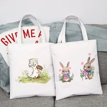 Women's Tote Bag Cute Cartoon Rabbit Series Shipping Bags Shoulder Bag Reusable Black Fashion Canvas Shopper Bag