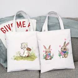 Women's Tote Bag Cute Cartoon Rabbit Series Shipping Bags Shoulder Bag Reusable Black Fashion Canvas Shopper Bag