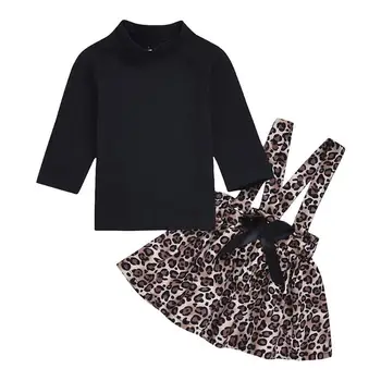 

2pcs Simple Generous Clothes Set Baby Kids Girls Korean Lovely Cotton Leopard Long Sleeve Temperament Jumper Strap Skirts
