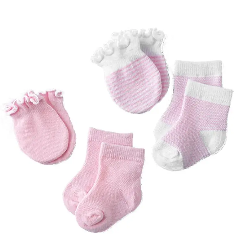 Pink 4 пары детских носков для новорожденных, дышащие эластичные перчатки с защитой от царапин, подарок для душа - Цвет: Pink