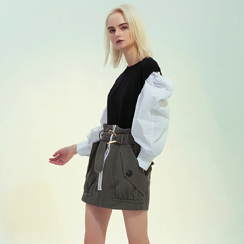 TWOTWINSTYLE юбки в стиле пэчворк хитовых цветов для женщин, высокая талия, с поясом, на шнуровке, мини женская юбка, модная одежда