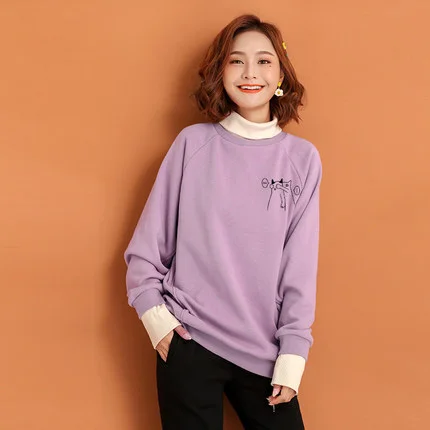 Winter 975 Purple Толстовки Для женщин осень и зима плюс бархатный лайнер водолазка Поддельные две штуки топы свободная спортивная одежда - Цвет: Winter 975 Purple