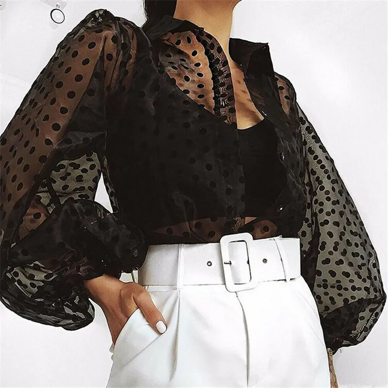 

Autumn Polka Dot Printed Shirt Women Casual Office Sexy Vintage Mesh Lace Transparent Long Sleeve Blouses Sexy Shirts Ladies Top